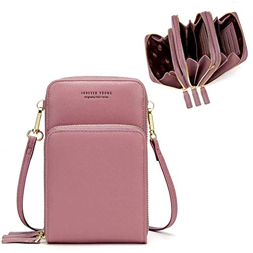 Pochette Portefeuille Femme en PU Cuir Sac Téléphone Portable Femme, Élégant Sac Bandoulière Femme Porte Monnaie Femmes Trois Couches de Grande Capacité (Rose) Cover