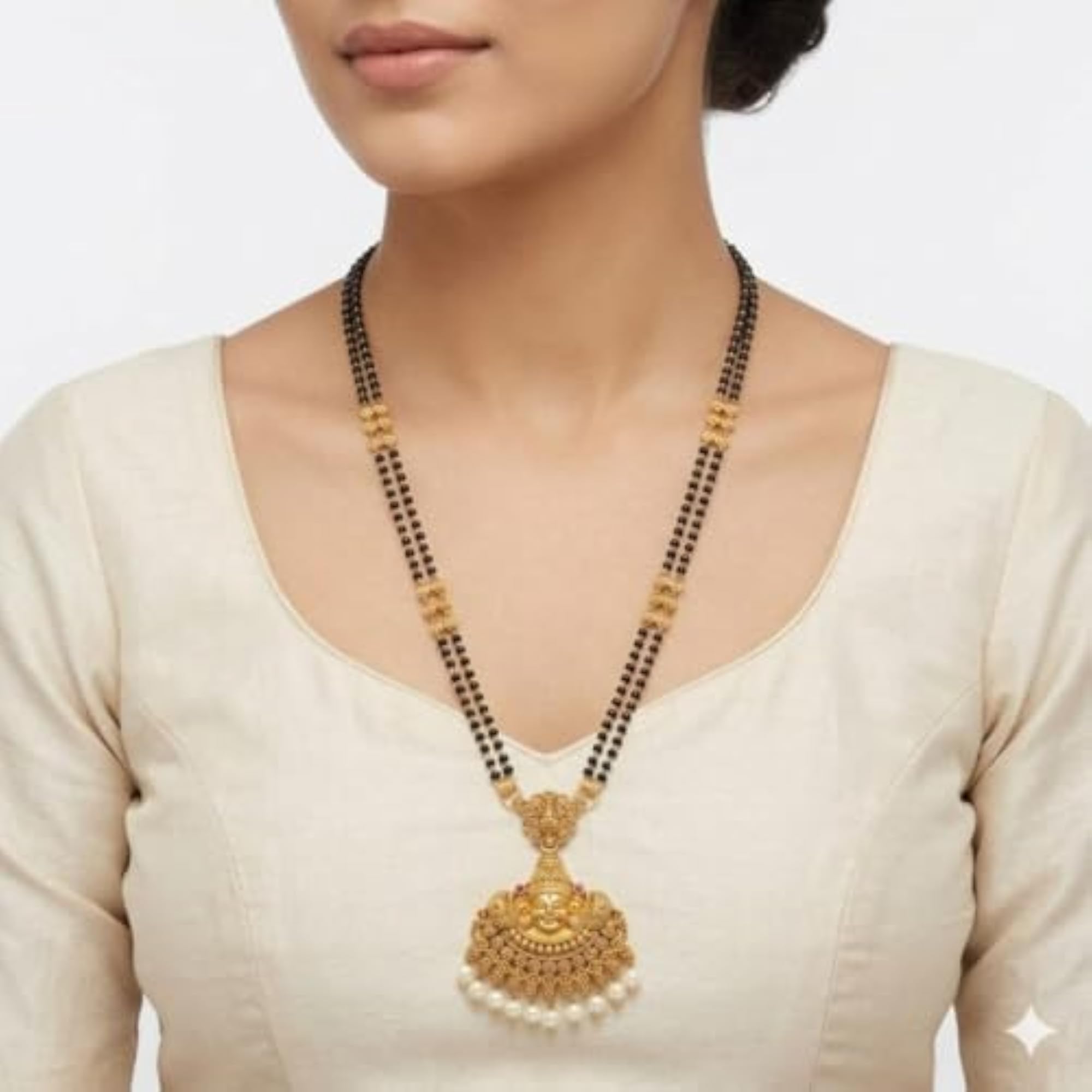 Gold Plated Long Mangalsutra with Double Layer Black Beads Chain
