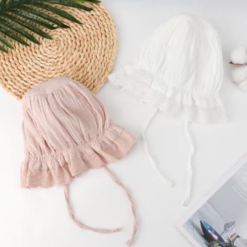 Image of DRESHOW BQUBO Baby Bonnet Lace Cotton Baptism Bonnet for Baby Girls Newborn Soft Warm Cap Hospital Hat Sleepy Hat with Tie
