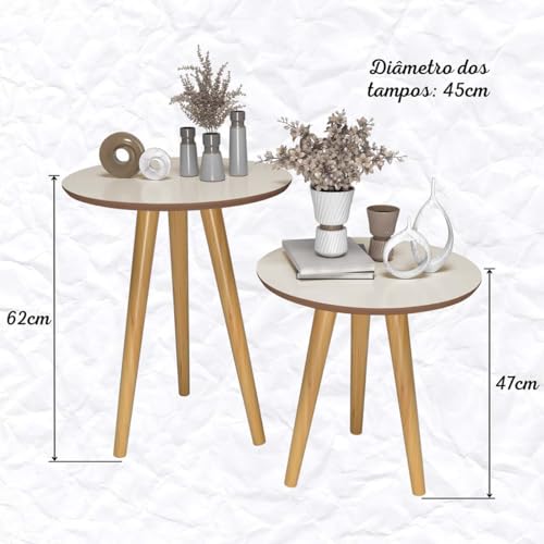 Duas Mesinhas Mesa Lateral Retro Pés Palito Para Escritório sala Quarto (Off White Freijó)