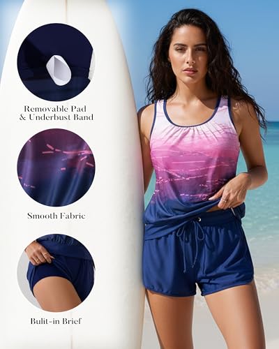 Image of Aidonger Women's Tankini Swimsuit Modest Two Piece Bathing Suit Tummy Control Athletic Blouson Tank Top with Short Bottoms