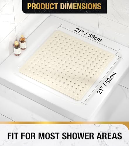 Image of HITSLAM Shower Mat Anti Slip, Square Bath Mat for Tub Non Slip with Suction Cups and Drain Holes, 21x21 Inch Bathroom Shower Stall Floor Mat, Machine Washable, Soft on Feet, Sand