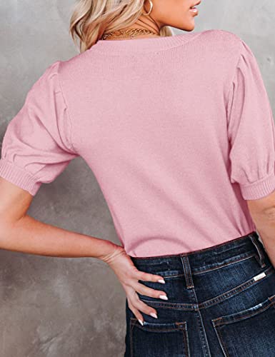 Image of Womens Puff Short Sleeve Sweater Tops Crewneck Basic Knit Pullover Lightweight Casual Sweaters