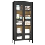 Zonleson 71' Metal Storage Cabinet with Glass Doors and Black Bookcases for Kitchen, Dining or Living Room