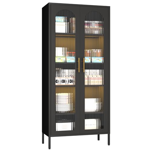 Zonleson 71' Metal Storage Cabinet with Glass Doors and Black Bookcases for Kitchen, Dining or Living Room