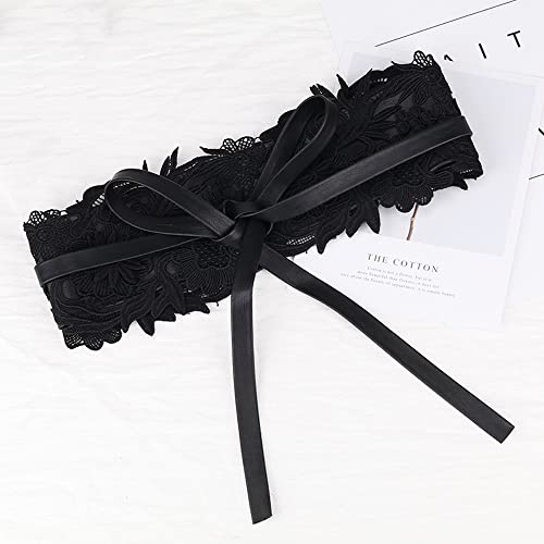Women's Lace Wide Waist Belt Bow Tie Wrap Around Waistband Obi Belt Faux Leather Corset Belt for Dresses - Black3