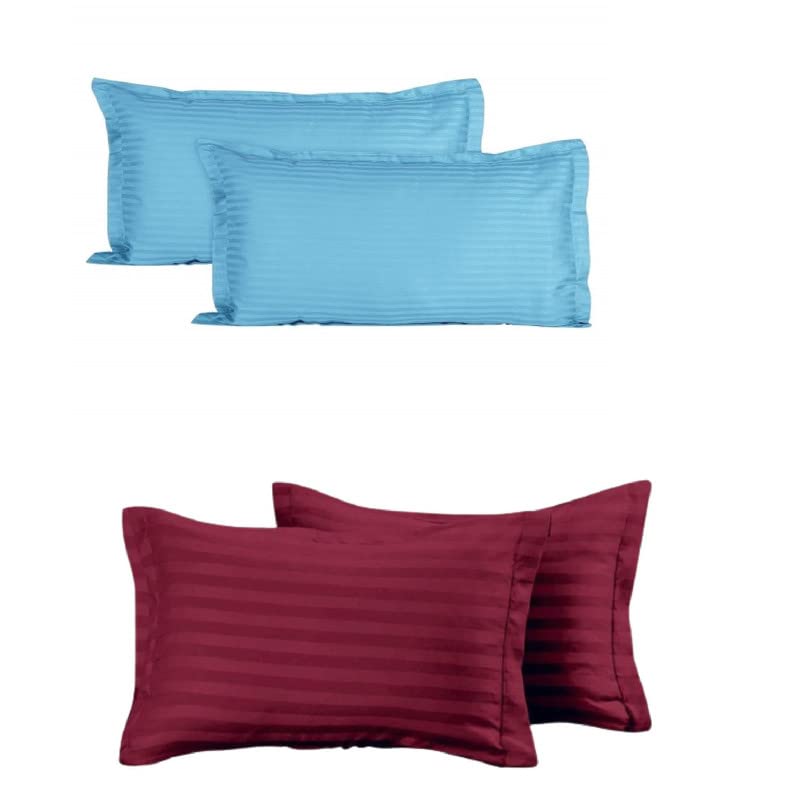 Image of Luxurious Sateen Striped /Plain Pillow Cover /Case Set (4 Pcs) 210 Thread Count - Aqua Sky Blue & Maroon