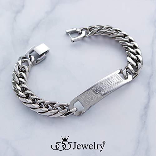 555Jewelry Mens Stainless Steel Chic Cool Stylish Id Tag Plate Cuban Link Curb Biker Punk Vintage Comfortable Bangle Wristband Fashion Accessory Jewelry Bracelets, Silver 8 Inch #TOP3