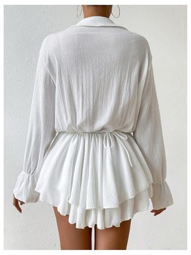 OYOANGLE Women's 3D Flower Layered Ruffle Cover Up Dress Collared Deep V Neck Long Sleeve Swim Coverup3