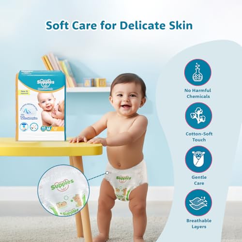Image of Amazon Brand - Supples Premium Baby Diaper Pants | 72 Baby Diapers | Medium | 7-12 Kg | 12 Hrs Absorption | Cushiony Cotton Soft Fabric | Phthalates-Free | Triple Leak Guard