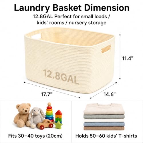 Image of 12.8GAL Small Cute laundry basket for nursery, Boho Square storage basket for Living Room Decor, Kids Girls Boys Toys Stuffed Animal Decorative Short Hamper for Dirty Clothes, Bath Towel, Books Beige