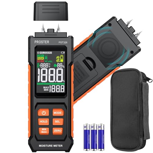 Proster Medidor de Humedad de Madera Probador de Humedad 2 EN 1 con y sin Pin Humidímetro Digital con 4 Modos y Temperatura y Humedad Ambientales para Madera y Materiales de Construcción