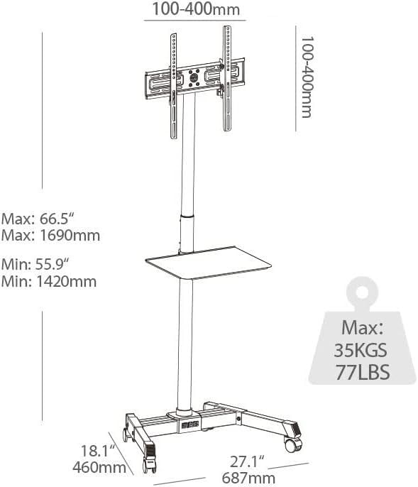 Soporte móvil ajustable para TV con ruedas y repisa miniatura 2