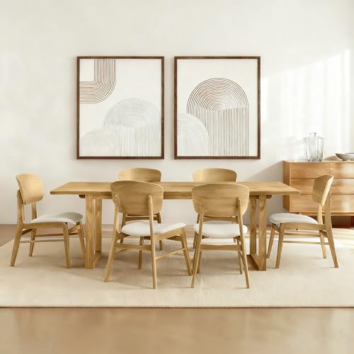 KISLOT Wooden Dining Chairs Set of 6, Upholstered Modern Dining Room Chairs, Mid Century Oak Kitchen Chairs with Ergonomic Wood Backrest for Farmhouse, Restaurant, Café (Cream Fabric & Original Color)