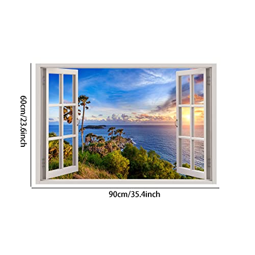 3D Sunset Scenery Fake Window Wall Stickers, Tropical Island Window View Wall Decals, Removable Vinyl Wall Mural Decor Art For Living Room Bedroom Bathroom #TOP1