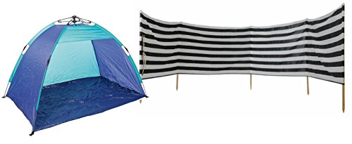 Idena Windschutz / Sichtschutz aus Baumwolle, inkl. 7 Holzstäbe, 8,00m x 0,80m (8m, Blau | Weiß ~ mit Strandzelt)