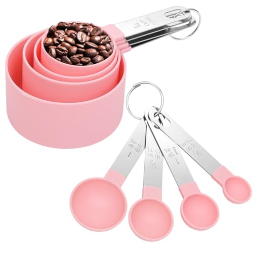 Kit de herramientas de medición de 8 piezas para cocinar y hornear, tazas y cucharas de plástico con asas de acero inoxidable, incluye tamaños de 1, 1/2, 1/3, 1/4 taza y cucharada