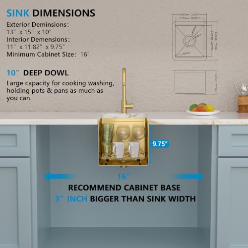Image of 13 inchx15 inch Gold Bar Prep Sink Undermount Workstation | Brushed Gold NANO-PVD 16 Gauge T304 Stainless Steel Single Bowl Under Counter Basin for RV Kitchen Wet Bar Prep Station