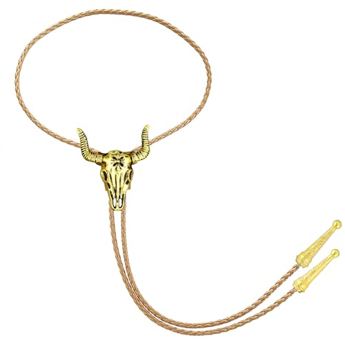 Image of GelConnie Longhorn Bull Bolo Tie for Men Native American Western Cowboy Leather Necktie Bolo Necklace for Women Gold Texas