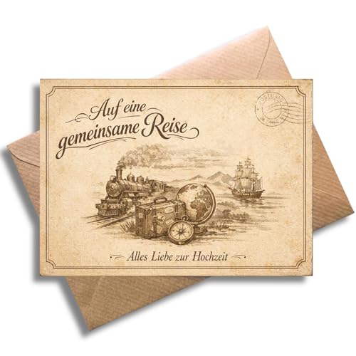 WBdesignz Hochzeit Karte mit Umschlag - „Auf eine gemeinsame Reise“ - Vintage Glückwunschkarte für Hochzeit, Verlobung, Trauung, Vermählung - Postkarte Design für Brautpaar (DIN A6)