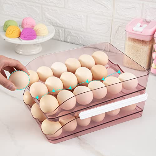 Rubtlamp Clear Pink Egg Container For Refrigerator, Egg Holder Organizer With Lid, Auto Rolling Egg Holder, Large Capacity 36 Count Egg Dispenser Storage, Egg Holder For Refrigerator(2-Layer) #TOP4