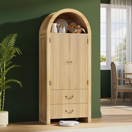 Image of FURSUN 71 inch Tall Fluted Arched Cabinet Set of 2, Wood Pantry Storage Cabinet with 2 Large Drawers, Modern Versatile Bookcase for Living Room, Kitchen, Dining, Natural Oak