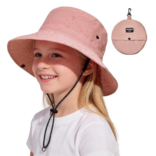 Waterproof Kids Swim & Sun Hat-Quick Dry Packable Travel Bucket Hat Adjustable,UV Protection Suit for Boys Girls 2-12 Years Light Pink 6-12T