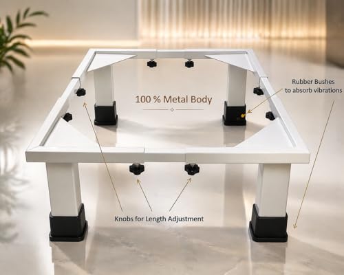 Image of Super Heavy Duty Universal & Adjustable Metal Washing Machine Stand | Single /Double Door Fridge, Air Cooler Tray, Dishwasher | 8 INCH Height | 240 KG Capacity, 4 Anti Vibration Rubber Bottoms | White