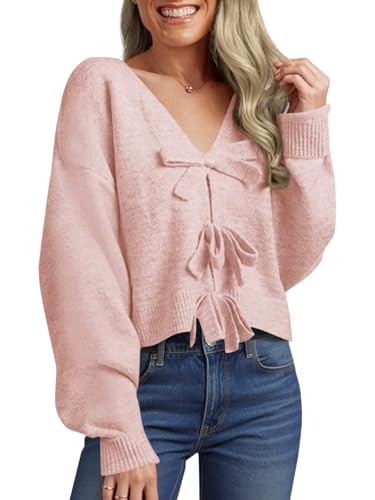 Image of Saodimallsu Womens Bow Sweater Cropped V Neck Long Sleeve Pullover Tops | Soft Cozy Knit, Two-Way Wear Design, Front & Back Bow, Cute Fall Tops 2026, Winter Fashion, Dressy Casual Holiday Outfits