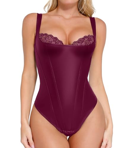 Image of Popilush Faux Leather Shapewear Bodysuit Lace Corset Body Suits for Womens | Tummy Control Shapewear,Thong Body Shaper,Compression Bodysuit Women,Corset Tops for Country Concert,Going Out Summer Outfit