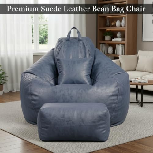 Image of 4XL Suede Bean Bag Chair with Footrest & Cushion | Filled with High Density Polystyrene Beans | Premium Soft Fabric | Teardrop Design with Handle | Ready to Use Color- (NAVY BLUE, Bean Bag)