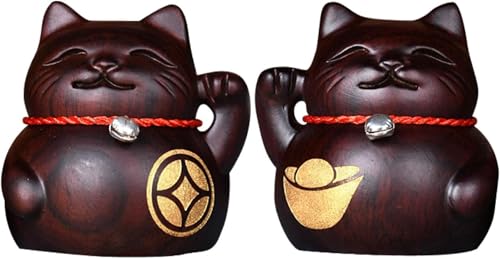 Arfobug 黒檀彫刻の福招き猫、無垢材彫刻、店舗用レジ、家庭用福招き猫、富と幸運をもたらす、風水アイテム、幸運の木の置物、開店祝い(一対) (8×6×7.5cm,黒檀のギフトボックス)