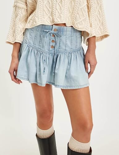 Wanzetaly Women's Casual A-Line Denim Skirts High Waisted Pleated Ruffle Short Mini Jean Skirt2