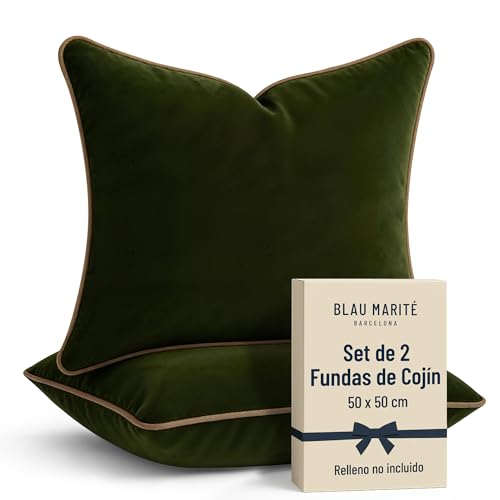 Blau Marité Set de 2 Fundas Cojín Terciopelo 50x50 cm – Cojines Decorativos sofá Cama salón. Funda cojín con Ribete. Relleno no Incluido. (Verde y Camel)