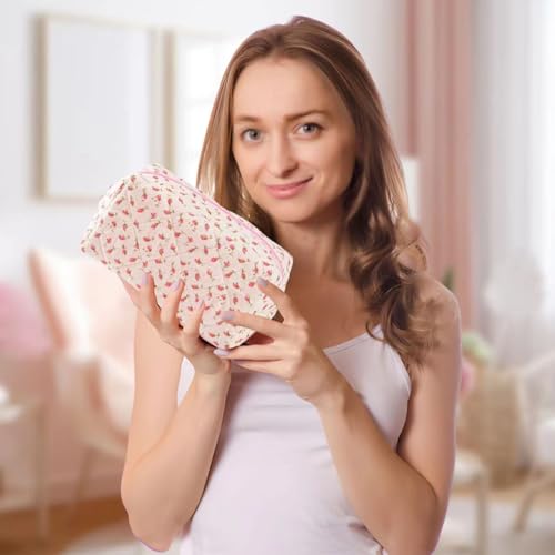 Image of Floral Makeup Bag, Floral Quilted Makeup Bag, Cosmetic Bag, Fashionable Travel Makeup Pouch, Small Cute Makeup Bag, Puffy Coquette Makeup Bag, Quilted Makeup Bag, Flowers (Width:11.9 Cm)