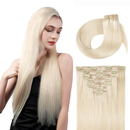 SOBEAUTY Hair Extensions Clip in, Real Human Hair Extensions, 100% Human Hair Extension Hair Double Weft, 7 Pcs 120G Volume Invisible DIY Full Head Clip Platinum Blonde 60A 20 inch Hair Extensions
