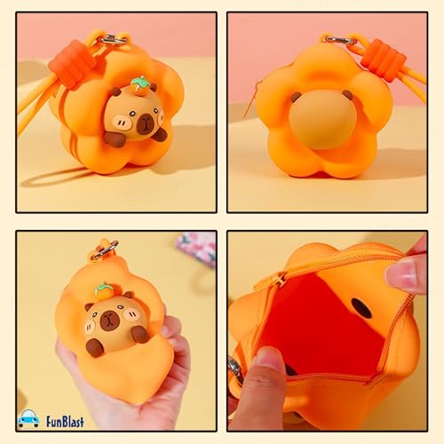 Image of FunBlast Soft Silicone Coin Pouch - Cute Animal Design Mini Purse with Strap, Multipurpose Silicone Pouch, Small Zipper Wallet for Kids & Girls, Kawaii Coin Bag - 9 X 9 X 6.5 cm (Orange)