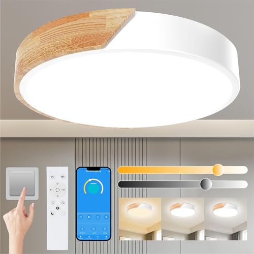 Yexati Dimbar LED-taklampa 3000K-6000K, 32w LED-taklampa modern i trä, taklampa fjärrkontroll och smart app, lämplig för vardagsrum, sovrum, kök, vit