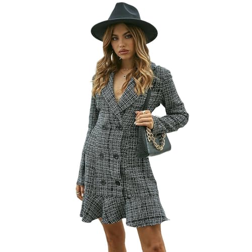 Vestido Blazer Temperamento De Lujo De Estilo Chanel Commuter Doble-Breasted Sexy Slim Ruffle Traje Vestido-Negro-S
