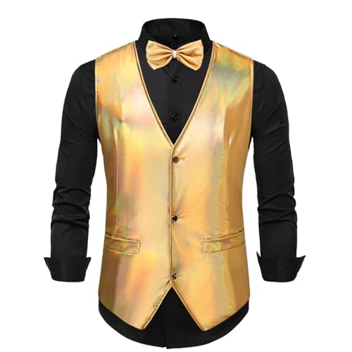 Men's Suit Vest Bright Glitte Waistcoat Jacket Party Clubwear Button up V-Neck Bow Tie Sleeveless Blazer Tank Tops