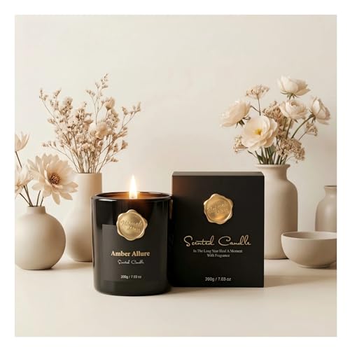 Scented Luxury Candle-Amber Allure-Aromatherapy Jar Candles for Relaxation & Sleep -7 oz- 45 Hours Clean Burn-Hand-Cast -100% Natural Soy Wax -Ideal Gifts