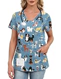 AKEWEI Scrubs for Women V Neck Blue Print Scrub Tops Stretchy Cute Animal Scrub Shirts with 2 Pockets Puppy Dog M