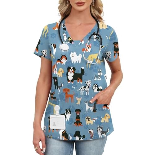 AKEWEI Scrubs for Women V Neck Scrub Tops Stretchy Nursing Uniforms Holiday Medical Shirts with 2 Pockets