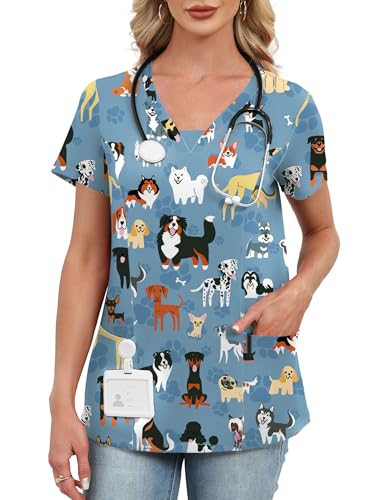 AKEWEI Scrubs for Women V Neck Blue Print Scrub Tops Stretchy Cute Animal Scrub Shirts with 2 Pockets Puppy Dog XL