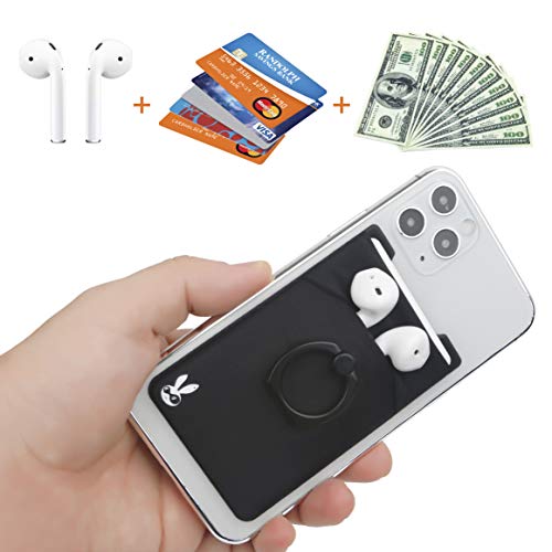 New 5-In-1 Cell Phone Wallet-Stick On Spandex Ring Card Holder Sleeve Back-Double-Pocket+Magnetic+Finger Grip Strap Loop+Kickstand+Rfid Block,Most Of Smartphones (Iphone/Android/Samsung Galaxy) Black #TOP2