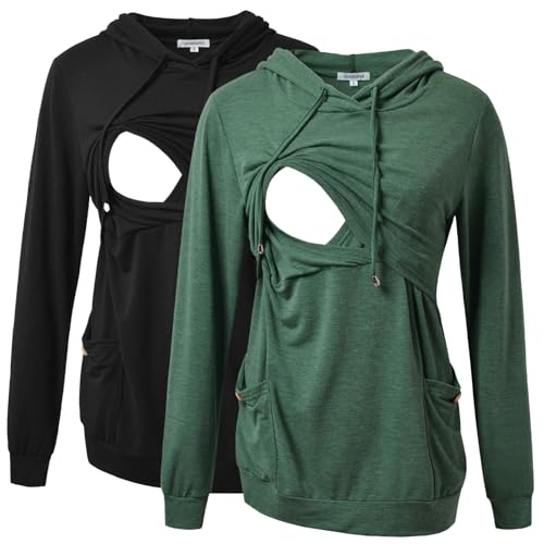 Image of GINKANA Womens Nursing Hoodie Top Sweatshirt Long Sleeve Button Decoration Pockets Shirts Tunic Top