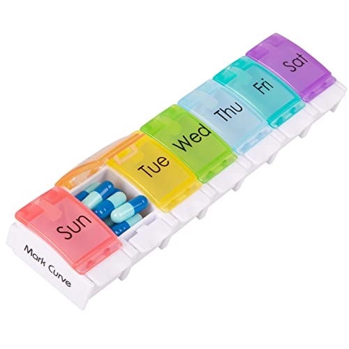 Portable Weekly Pill Box Organiser | Easy to Open 7 Day Premium Quality Tablet Box | Travel Pill Case with Push Button Pop Open Lids |Tablet Organiser for Vitamins Supplements & Medicine Mark Curve