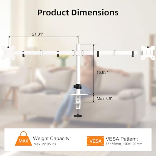 Pholiten Dual Monitor Stand, Heavy Duty Adjustable Monitor Arm Desk Mount for 2 Screens up to 42Inches, Tilt, Swivel, Rotate, Supports Tilt, Swivel, Rotate, Supports 22 lbs per Arm,White by Pholiten - Image 2