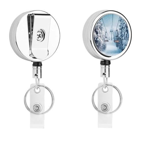 Winter Snowy Ski Skiing Lift Forests Retractable Badge Holder Metal ID Name Holder Key Ring with Belt Clip