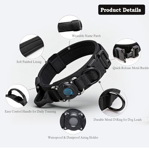 Image of Tactical Dog Collar with Airtag Holder Waterproof Airtag Dog Collar with Control Handle and Metal Buckle Adjustable Heavy Duty Dog Collar for Dog Training(Black,L